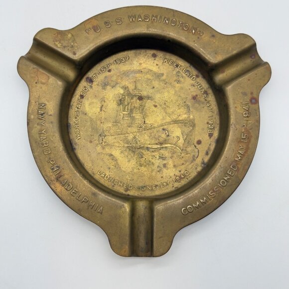 Vtg USS Washington Brass Commemorative Ashtray Navy Yard Philadelphia 1941 Ship - Picture 1 of 11